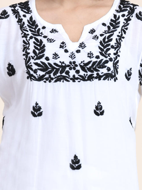 Nishtha in Noor HOK Muslin Chikankari kurti for Women- White With Black